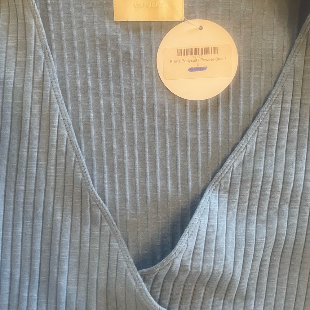 CAPULET Ribbed Wrap Bodysuit Blue Gray Long Sleeve Side Tie Date Night Top - Picture 5 of 7